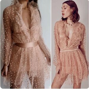 For Love & Lemons Sheer Star-Embroidered Mini Dress in Blush